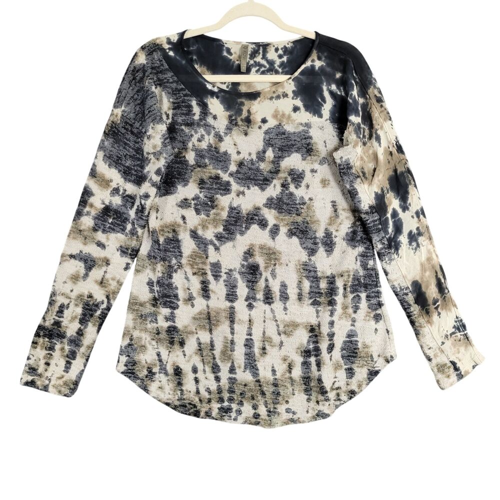 XCVI 11801 Gray Abstract Mesh Asymmetric Artsy Tie Dye Textured Top SIZE SMALL